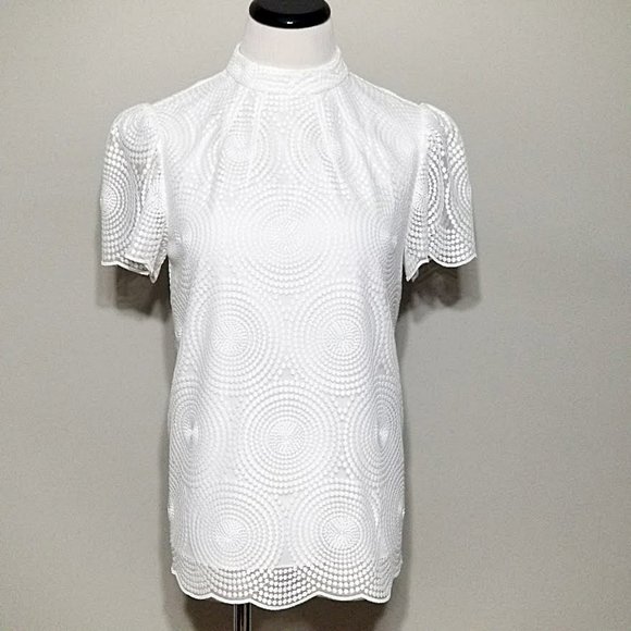 Trina Turk White Embroidered Mesh Top XS Short Puff Sleeve Blouse Mod Chic - Picture 4 of 14